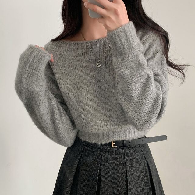 Set: Off-Shoulder Plain Sweater + Scarf SpreePicky