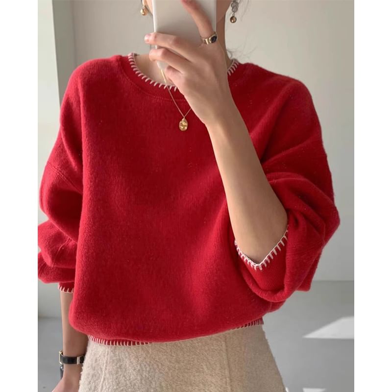 Crew Neck Plain Contrast Stitching Sweater SpreePicky