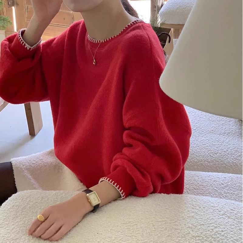 Crew Neck Plain Contrast Stitching Sweater SpreePicky