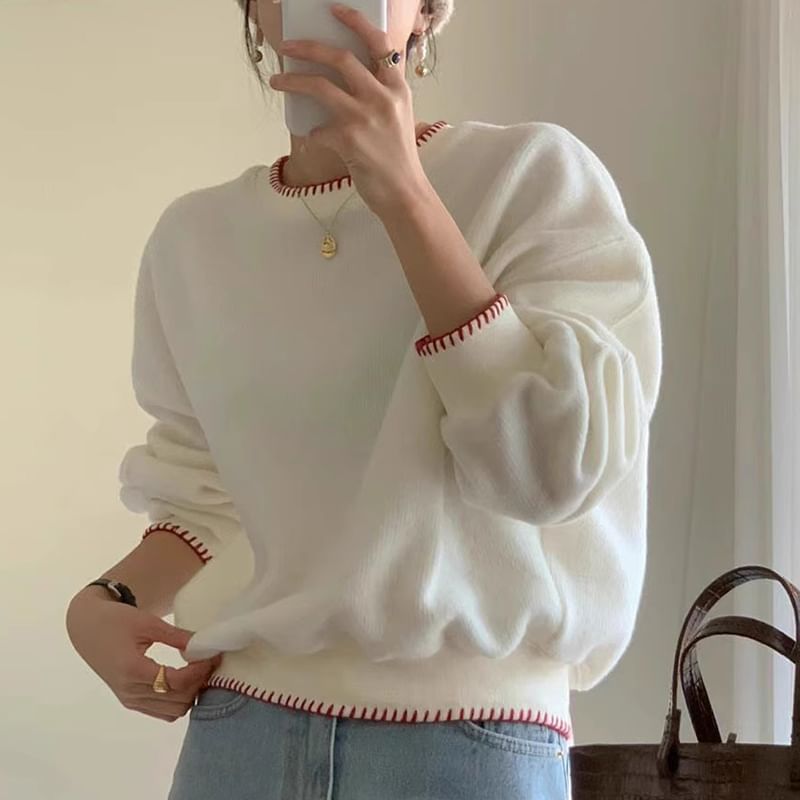 Crew Neck Plain Contrast Stitching Sweater SpreePicky