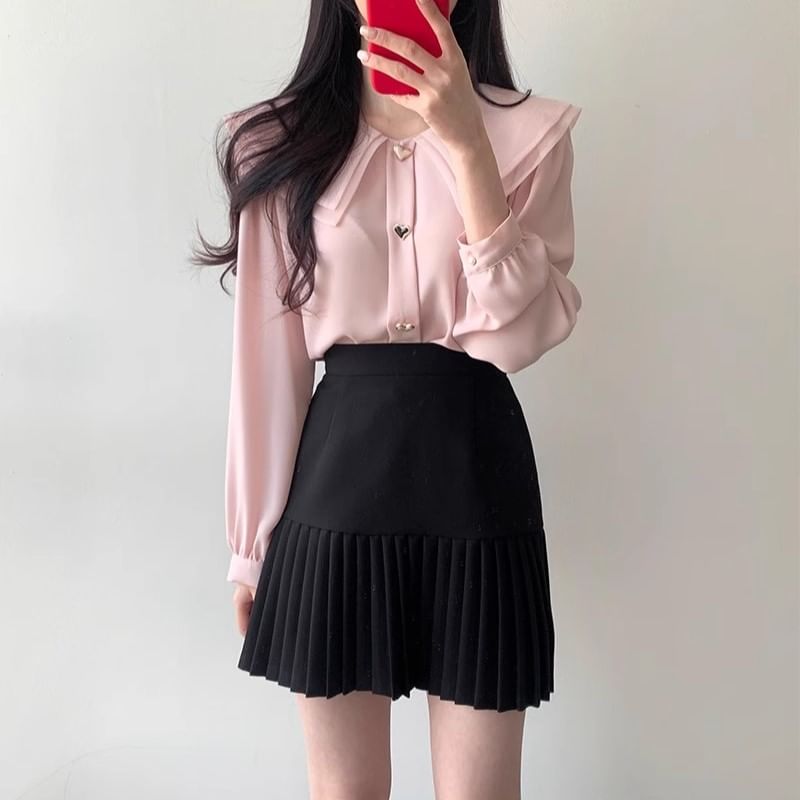 Long-Sleeve Plain Heart Button Blouse / High Waist Accordion Pleated Mini A-Line Skirt SpreePicky