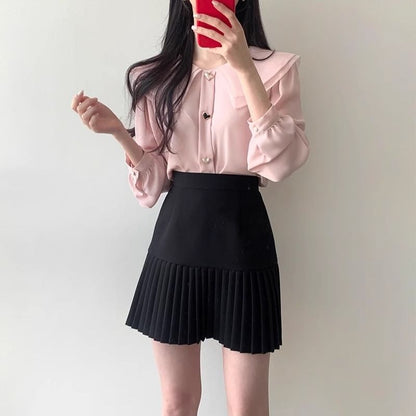 Long-Sleeve Plain Heart Button Blouse / High Waist Accordion Pleated Mini A-Line Skirt SpreePicky