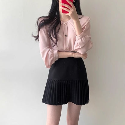 Long-Sleeve Plain Heart Button Blouse / High Waist Accordion Pleated Mini A-Line Skirt SpreePicky