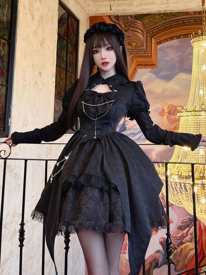 Lolita Puff Sleeve Collared Plain Cutout Ruffle Lace Up Mini A-Line Dress / Chain / Crinoline / Set mySite