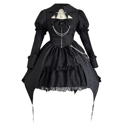 Lolita Puff Sleeve Collared Plain Cutout Ruffle Lace Up Mini A-Line Dress / Chain / Crinoline / Set mySite