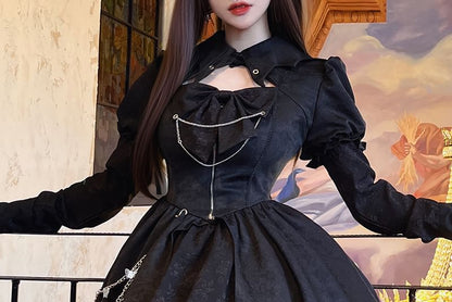 Lolita Puff Sleeve Collared Plain Cutout Ruffle Lace Up Mini A-Line Dress / Chain / Crinoline / Set mySite