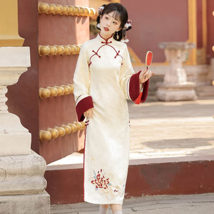 Long-Sleeve Lolita Floral Embroidered A-Line Qipao / Round Neck Fluffy Trim Buckle Vest / Tassel Charm / Set mySite