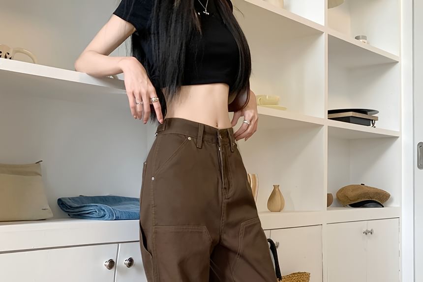 Low Waist Plain Straight-Fit Wide-Leg Cargo Pants SpreePicky