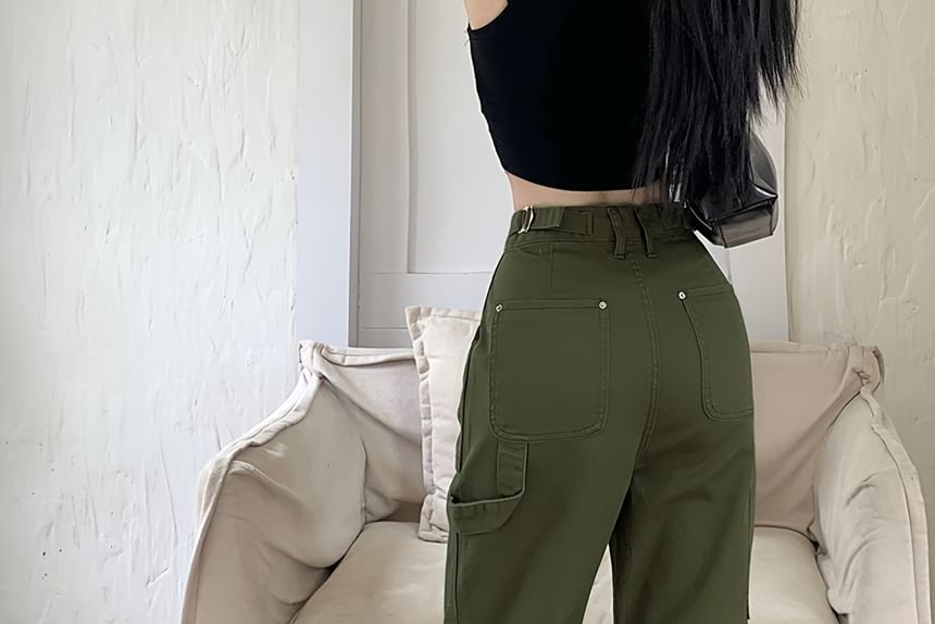 Low Waist Plain Straight-Fit Wide-Leg Cargo Pants SpreePicky