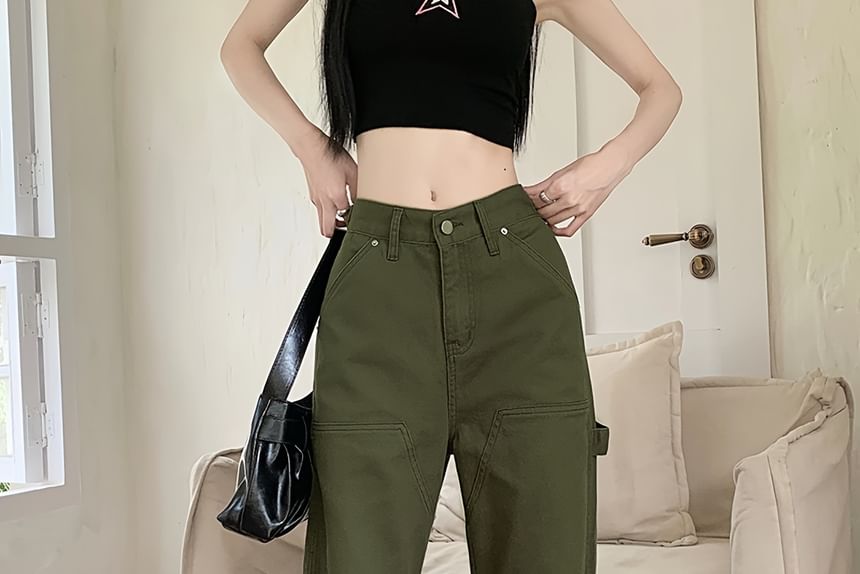 Low Waist Plain Straight-Fit Wide-Leg Cargo Pants SpreePicky