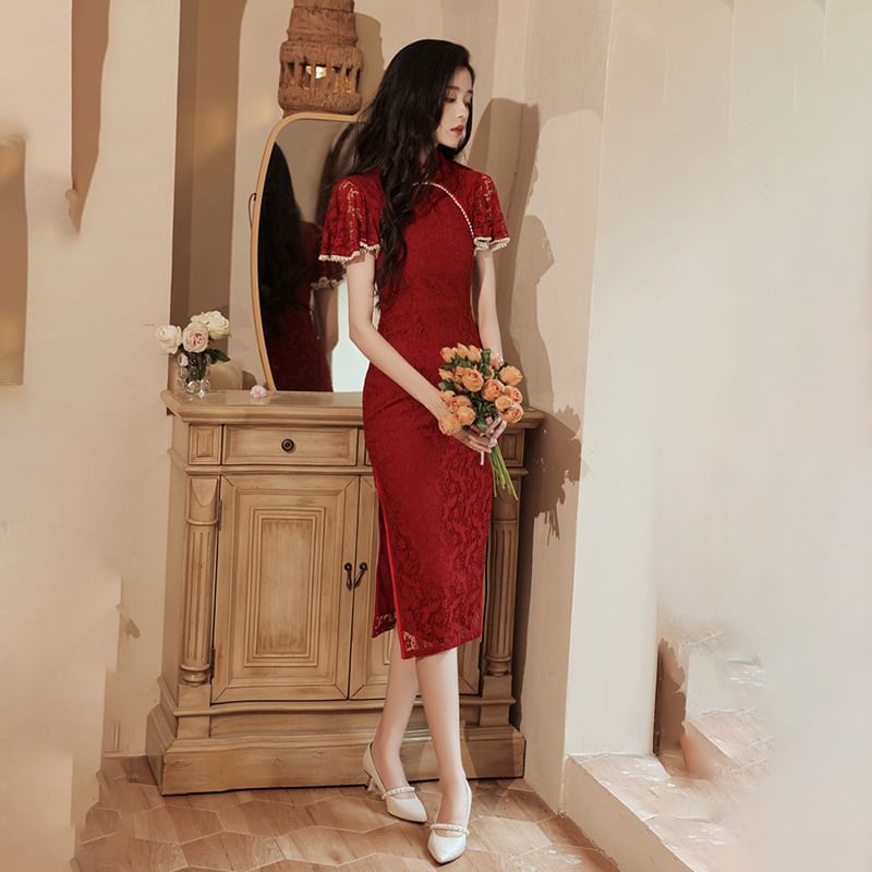 Short-Sleeve Lace Mini Qipao Dress SpreePicky