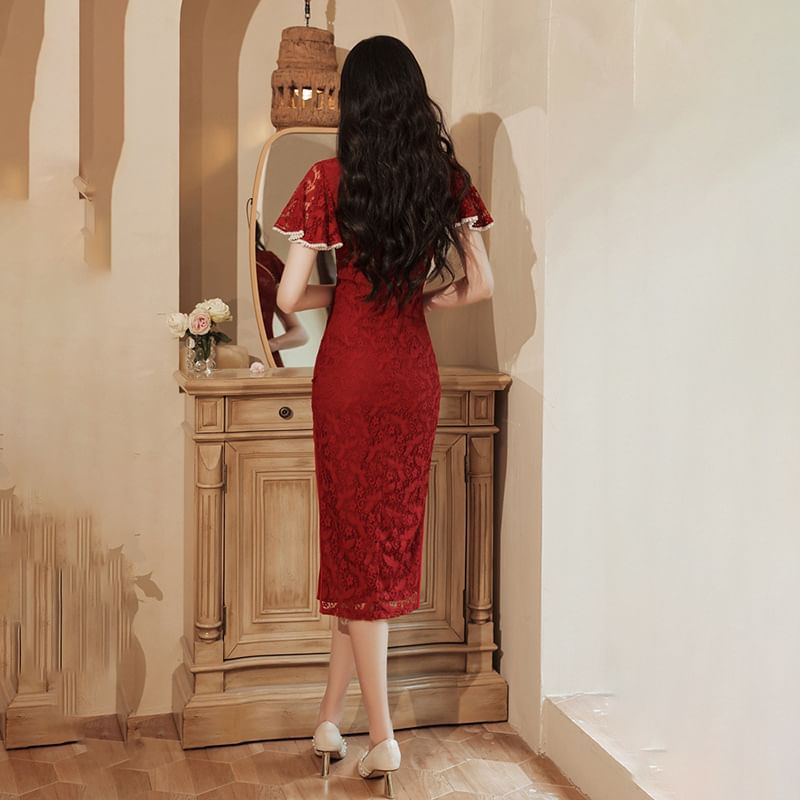 Short-Sleeve Lace Mini Qipao Dress SpreePicky