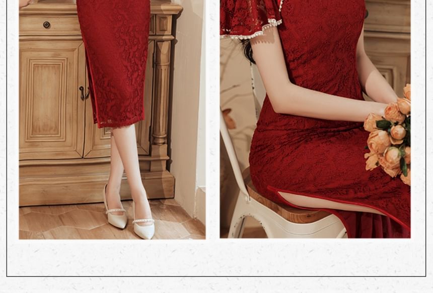 Short-Sleeve Lace Mini Qipao Dress SpreePicky