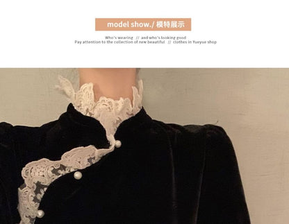 Long-Sleeve Lace Trim Velvet Midi Qipao Dress SpreePicky