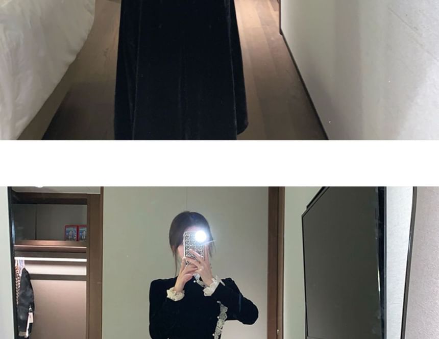 Long-Sleeve Lace Trim Velvet Midi Qipao Dress SpreePicky