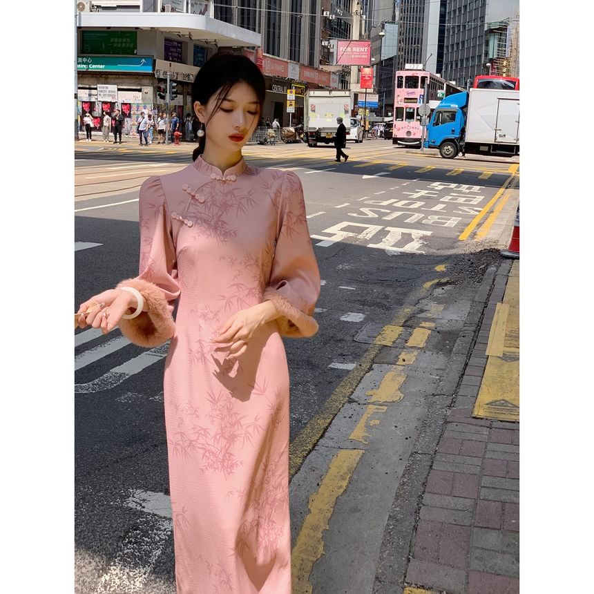 Long-Sleeve Frog Buttoned Midi Qipao Dress SpreePicky