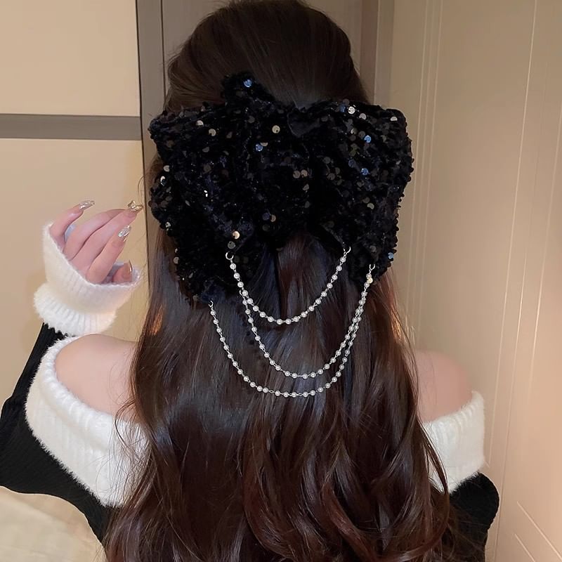 Bow Sequin Chained Hair Claw SpreePicky