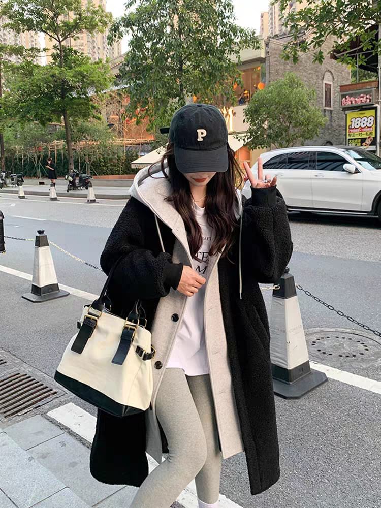 Mock Two Piece Hooded Faux Shearling Oversize Coat SpreePicky