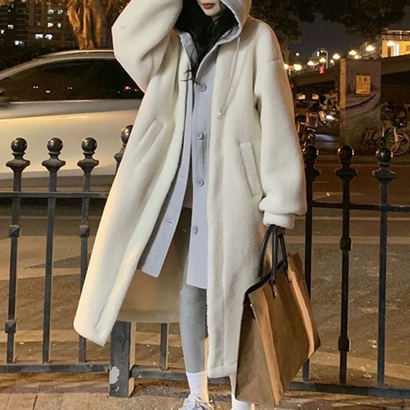 Mock Two Piece Hooded Faux Shearling Oversize Coat SpreePicky