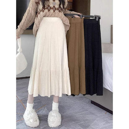 High Waist Plain Midi A-Line Knit Skirt SpreePicky