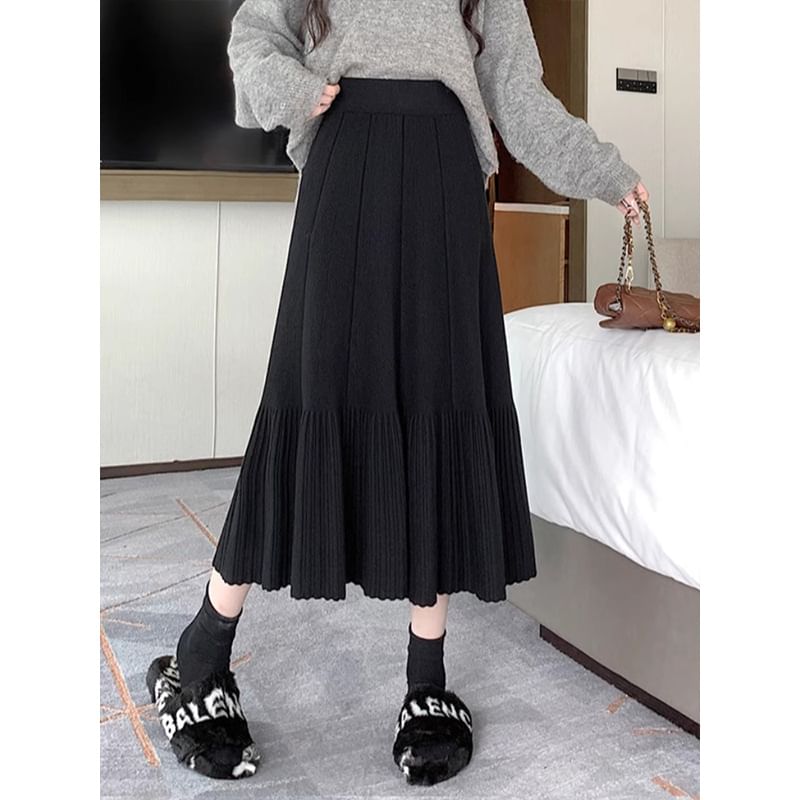 High Waist Plain Midi A-Line Knit Skirt SpreePicky