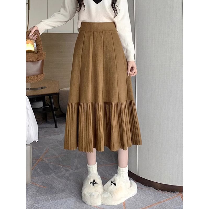 High Waist Plain Midi A-Line Knit Skirt SpreePicky