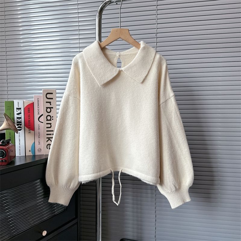 Puff-Sleeve Plain Collared Sweater SpreePicky