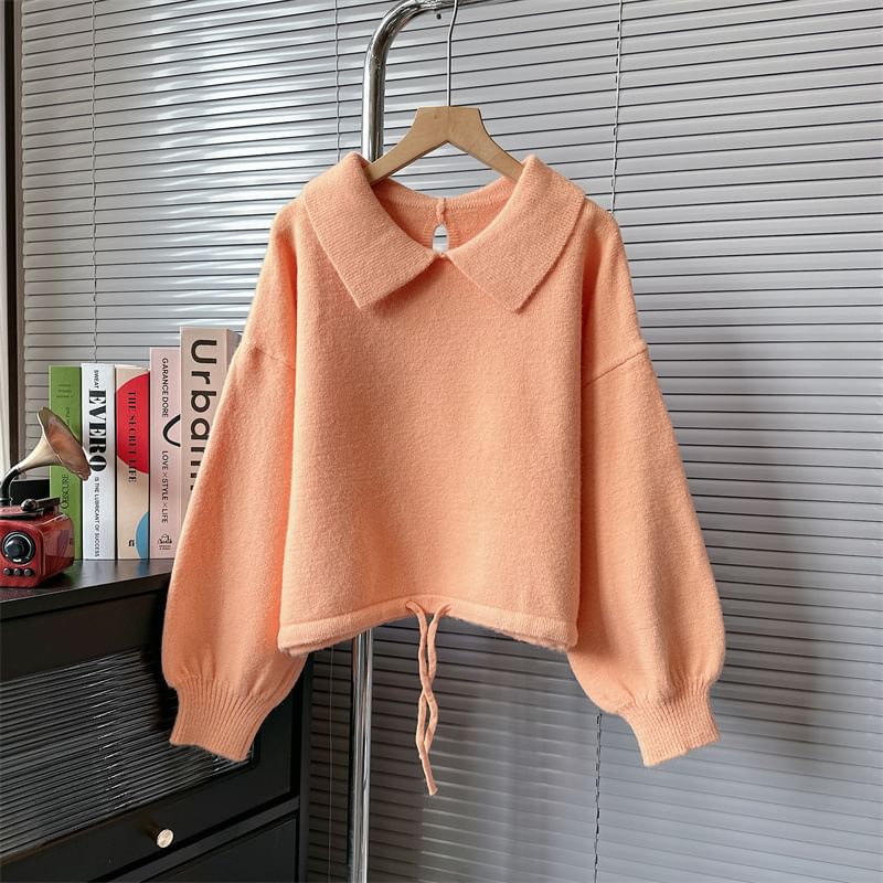 Puff-Sleeve Plain Collared Sweater SpreePicky