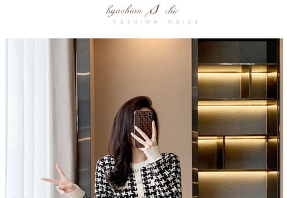 Long-Sleeve Crew Neck Patterned Knit Mini Sheath Dress mySite