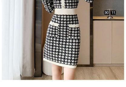 Long-Sleeve Crew Neck Patterned Knit Mini Sheath Dress mySite