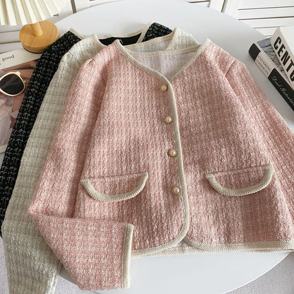 V-Neck Tweed Faux Pearl Buttoned Crop Jacket mySite