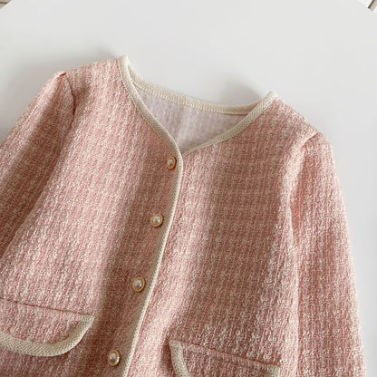 V-Neck Tweed Faux Pearl Buttoned Crop Jacket mySite