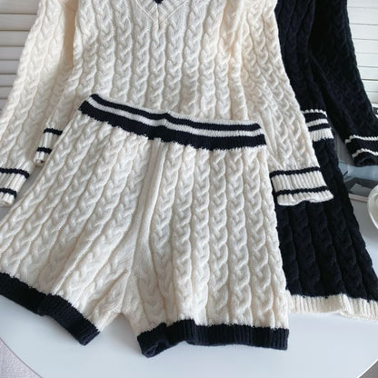 Set: V-Neck Contrast Trim Cable Knit Sweater + High Waist Wide Leg Shorts mySite