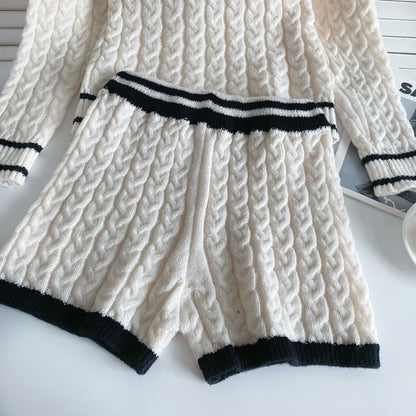 Set: V-Neck Contrast Trim Cable Knit Sweater + High Waist Wide Leg Shorts mySite