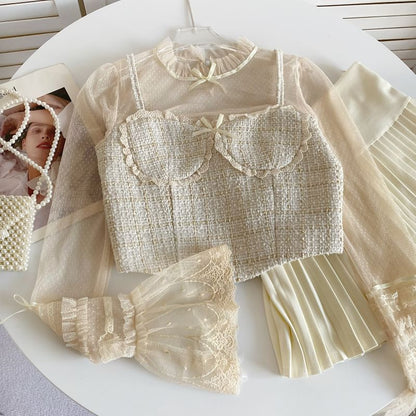 Long-Sleeve Stand Collar Mock Two-Piece Tweed Panel Bow Accent Lace Trim Mesh Crop Blouse mySite