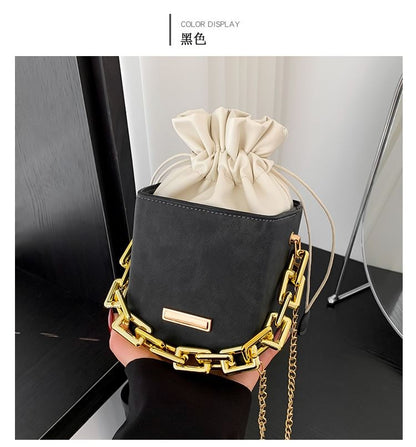 Chain Strap Drawstring Faux Leather Bucket Bag SpreePicky