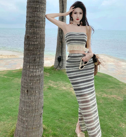 Set: Striped Fringed Crop Tube Top + High Waist Slit Maxi Pencil Skirt SpreePicky