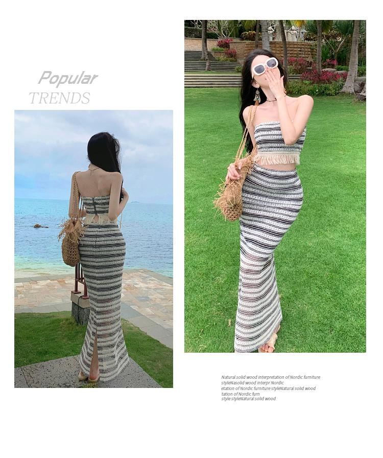 Set: Striped Fringed Crop Tube Top + High Waist Slit Maxi Pencil Skirt SpreePicky