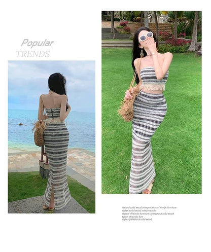 Set: Striped Fringed Crop Tube Top + High Waist Slit Maxi Pencil Skirt SpreePicky