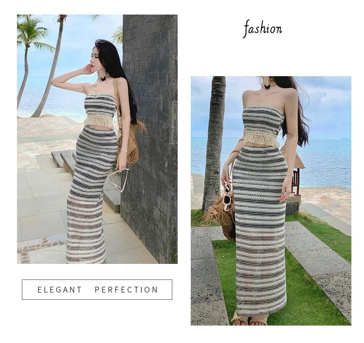 Set: Striped Fringed Crop Tube Top + High Waist Slit Maxi Pencil Skirt SpreePicky