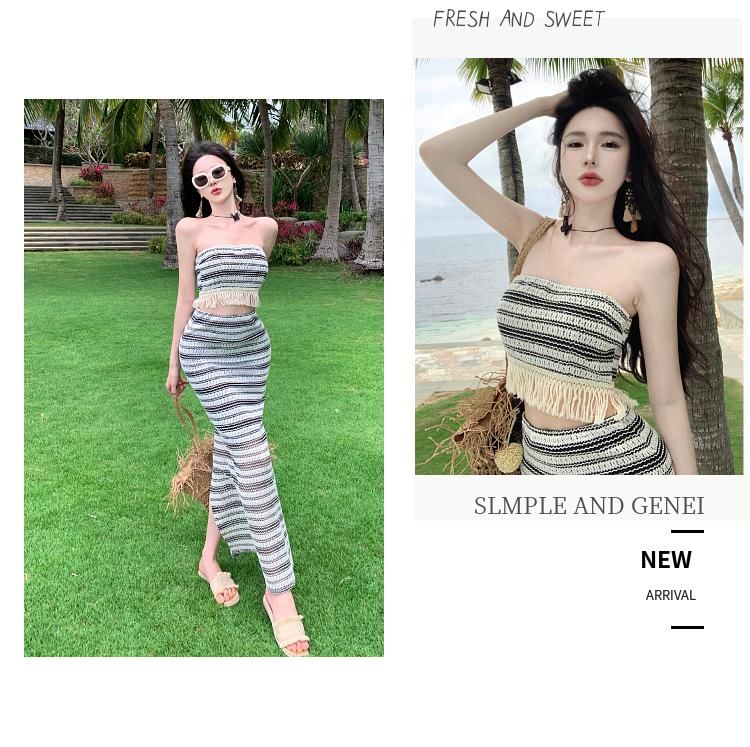 Set: Striped Fringed Crop Tube Top + High Waist Slit Maxi Pencil Skirt SpreePicky