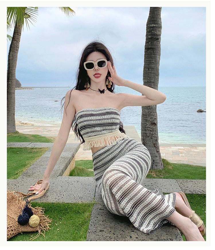 Set: Striped Fringed Crop Tube Top + High Waist Slit Maxi Pencil Skirt SpreePicky