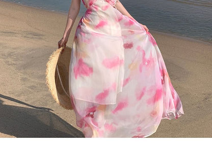 Halter Neck Tie Dye Floral Accent Cutout Open Back Maxi A SpreePicky