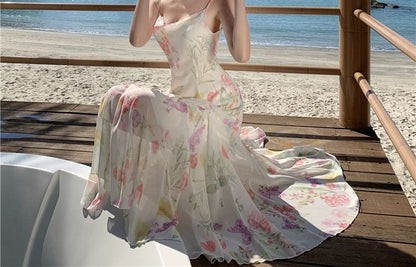 Spaghetti Strap Cowl Neck Floral Print Open Back Maxi Mermaid Dress SpreePicky