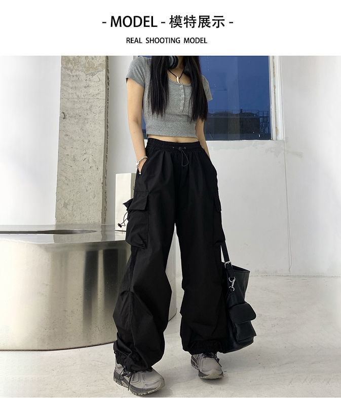 Plain Cargo Waist Wide Pants Drawstring Leg FashionChic