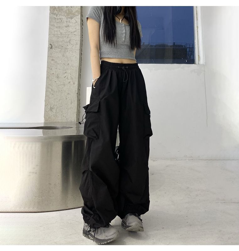 Plain Cargo Waist Wide Pants Drawstring Leg FashionChic