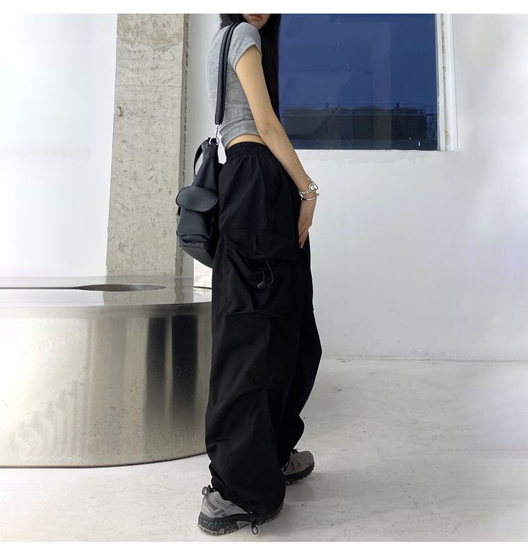 Plain Cargo Waist Wide Pants Drawstring Leg FashionChic