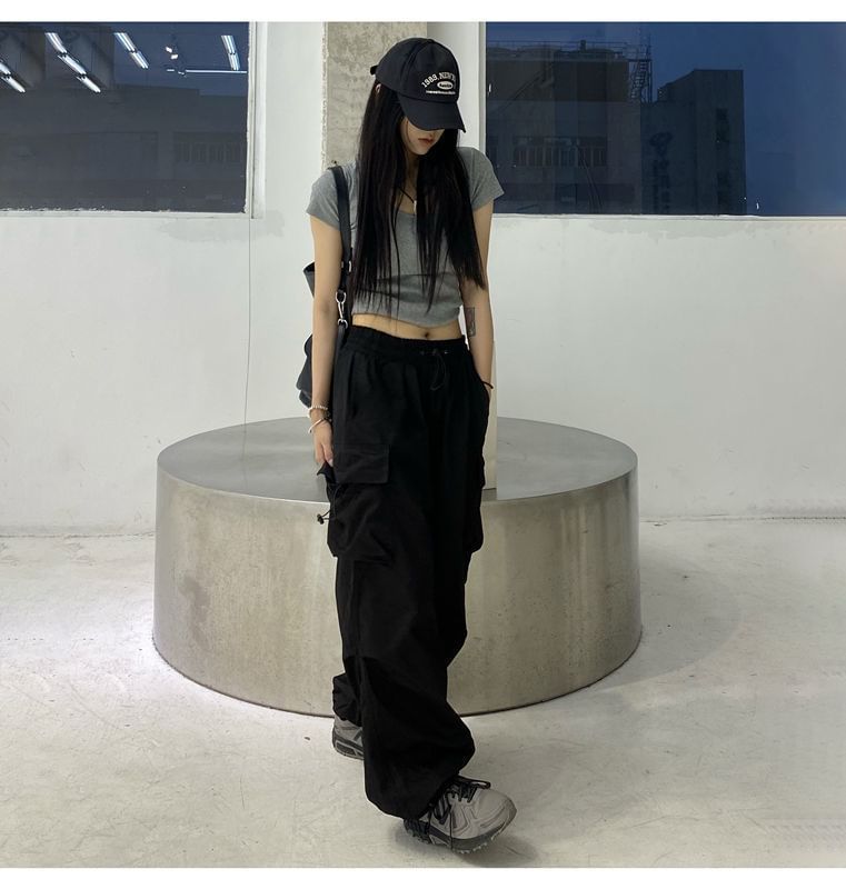 Plain Cargo Waist Wide Pants Drawstring Leg FashionChic