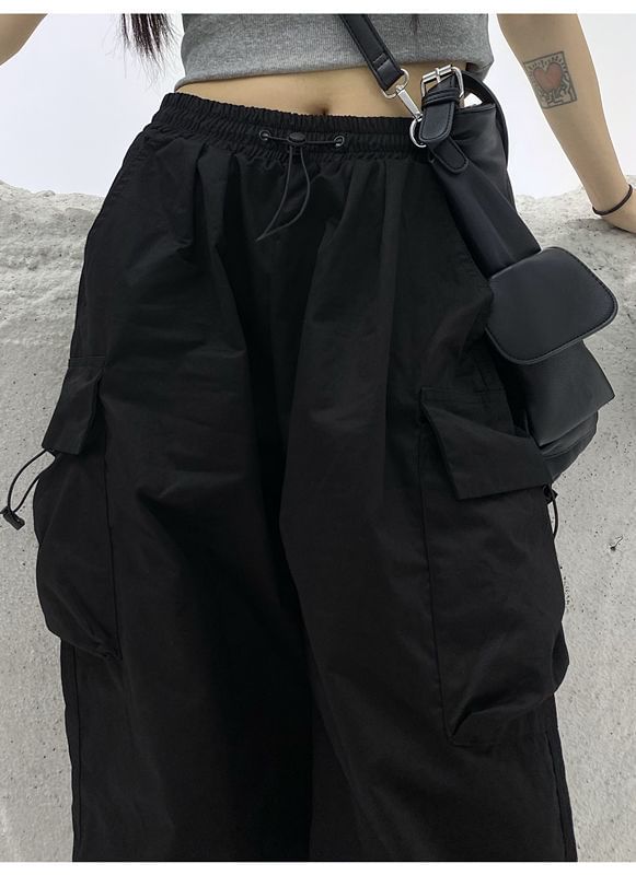 Plain Cargo Waist Wide Pants Drawstring Leg FashionChic