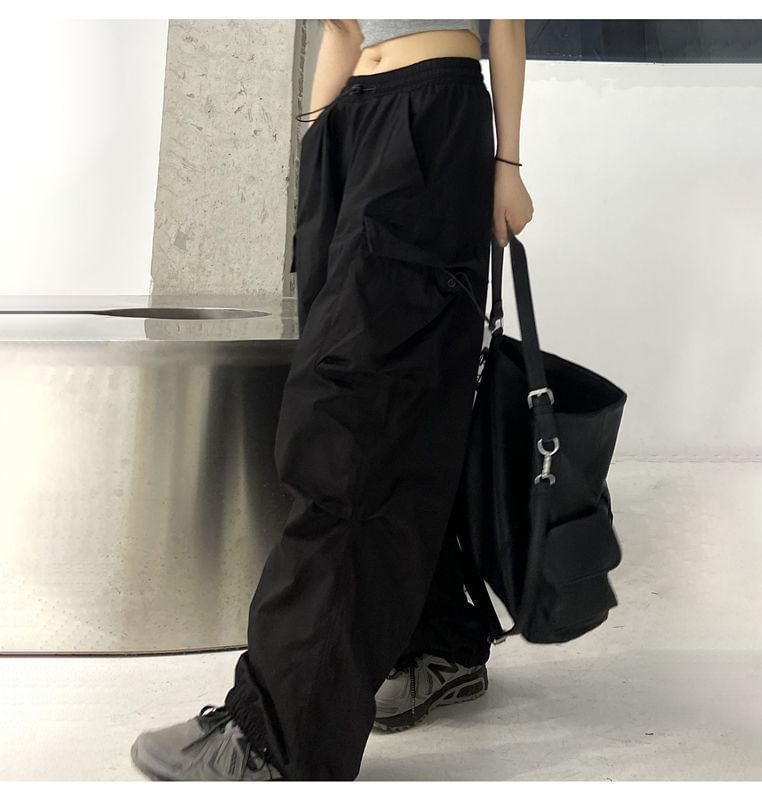Plain Cargo Waist Wide Pants Drawstring Leg FashionChic